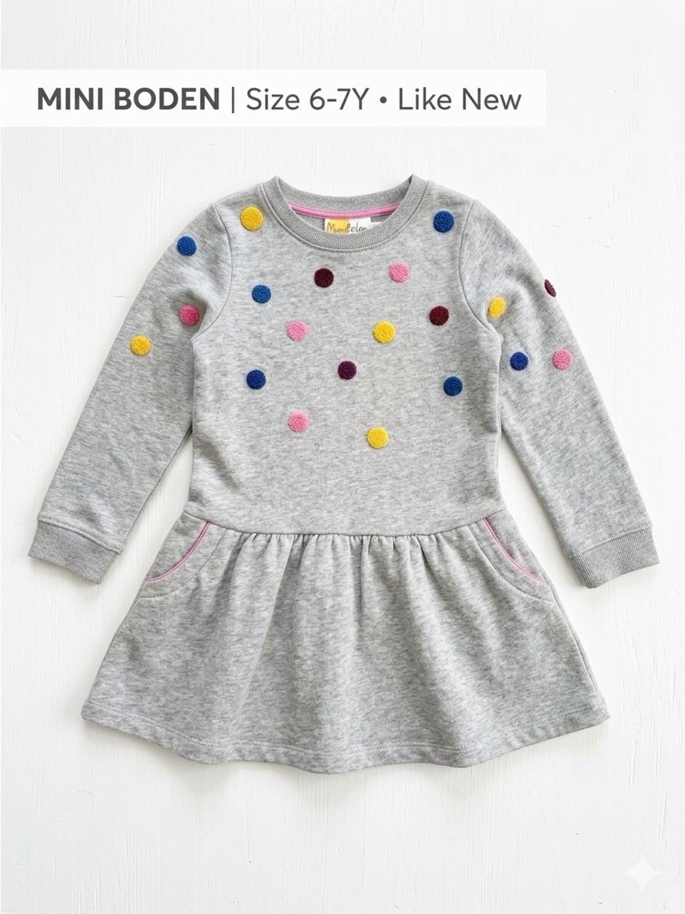 Mini Boden Girls Gray Textured Polka Dot Sweatshirt Dress Size 6-7Y Like New